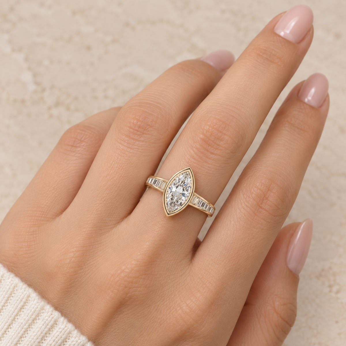 Lab Grown Diamond Marquise Cut Bezel Set Engagement Ring with Baguette Diamond Half Eternity Band in 14K Yellow Gold