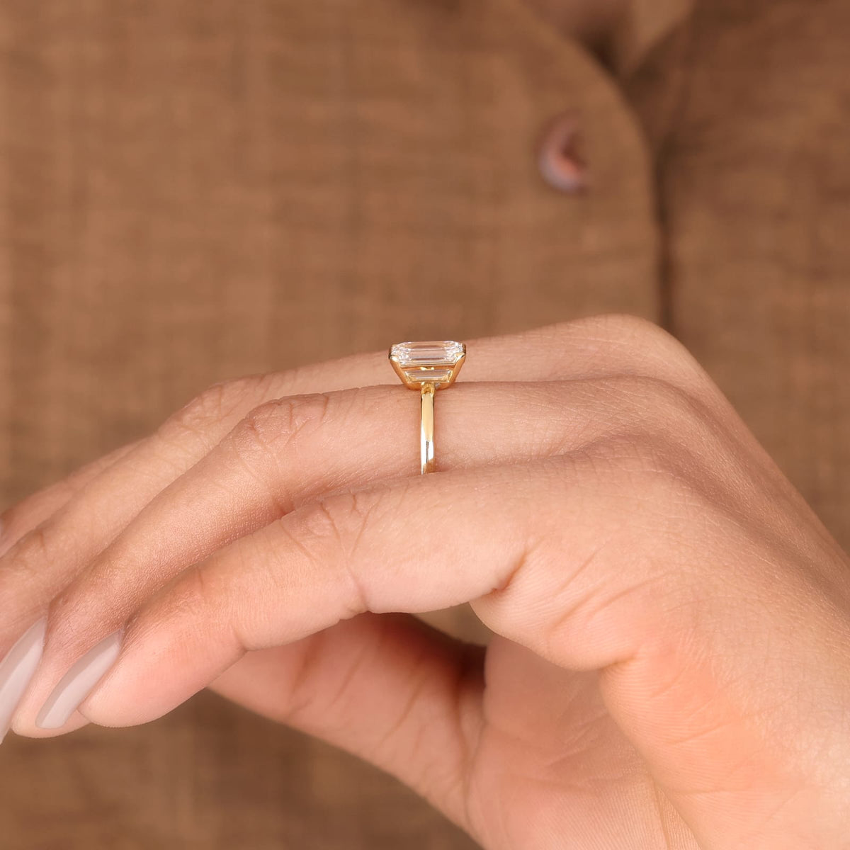 Lab Grown Diamond Emerald Cut Full Bezel Solitaire Engagement Ring with Classic Plain Band IGI Certified in 14K Yellow Gold