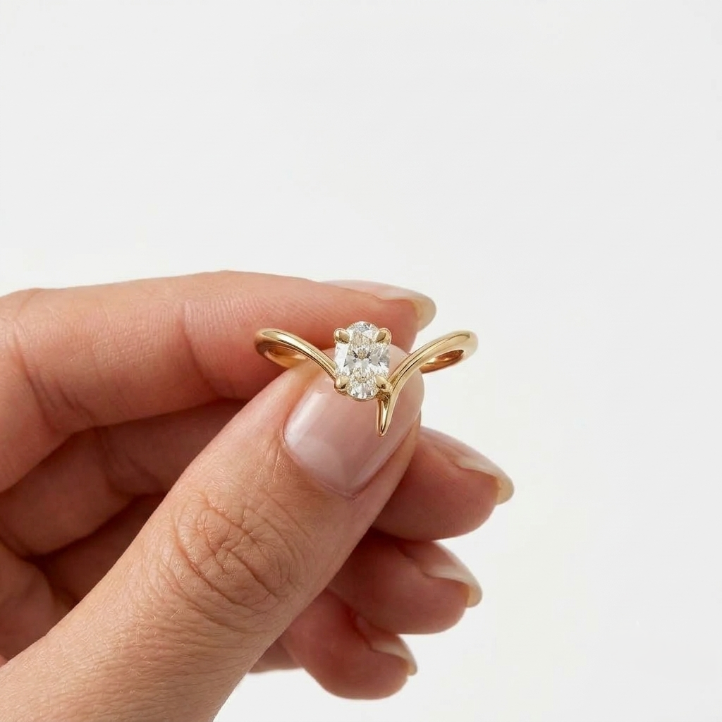 Lab Grown Diamond Oval Cut Chevron Curved Solitaire Engagement Ring IGI Certified in 14K Yellow Gold