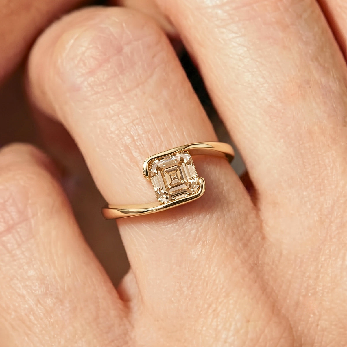 Lab Grown Diamond Asscher Cut Champagne Solitaire Engagement Ring with Sculptural Bypass Band IGI Certified in 14K Yellow Gold (Copy)