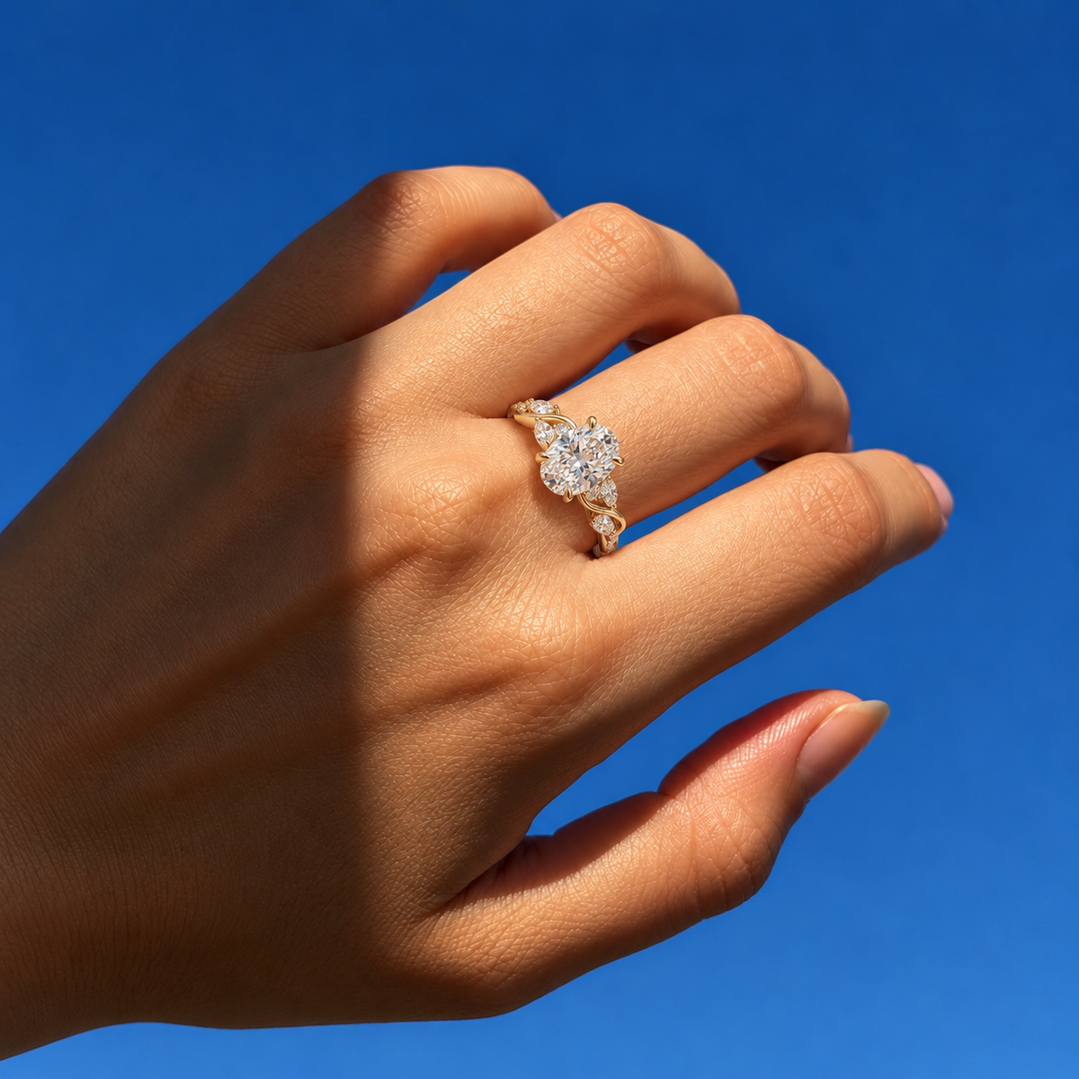 Oval Cut Lab Grown Diamond Engagement Ring with Twisted Pavé Band in 14K Yellow Gold