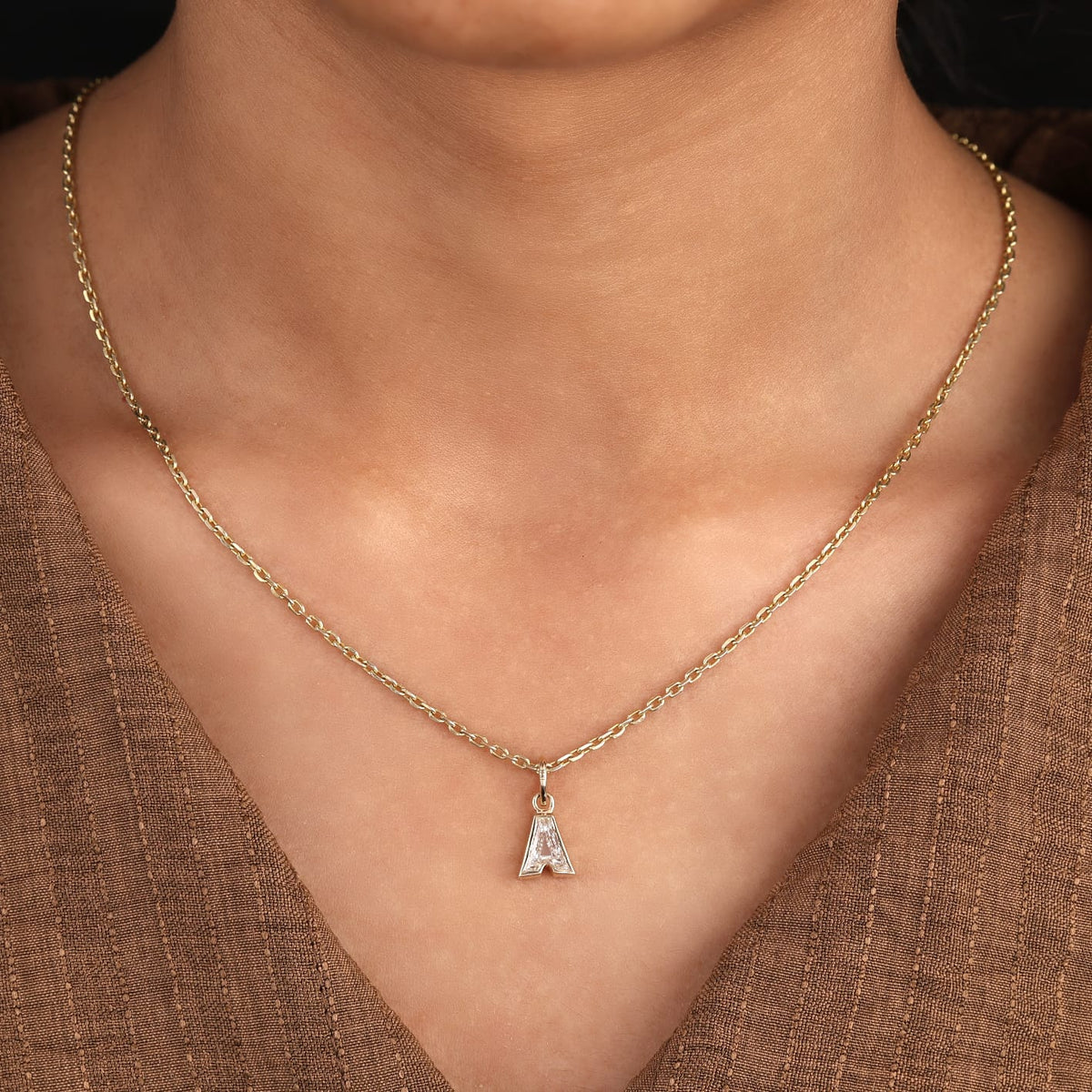 Lab Grown Diamond Alphabet A Cut Initial Pendant Necklace IGI Certified in 14K Yellow Gold