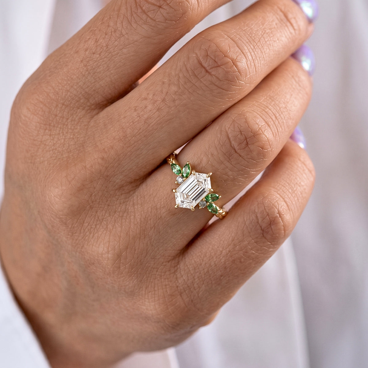 Lab Grown Diamond Elongated Hexagon Step Cut Twisted Braided Rope Engagement Ring with Green Marquise & Round Side Cluster IGI Certified in 14K Yellow Gold