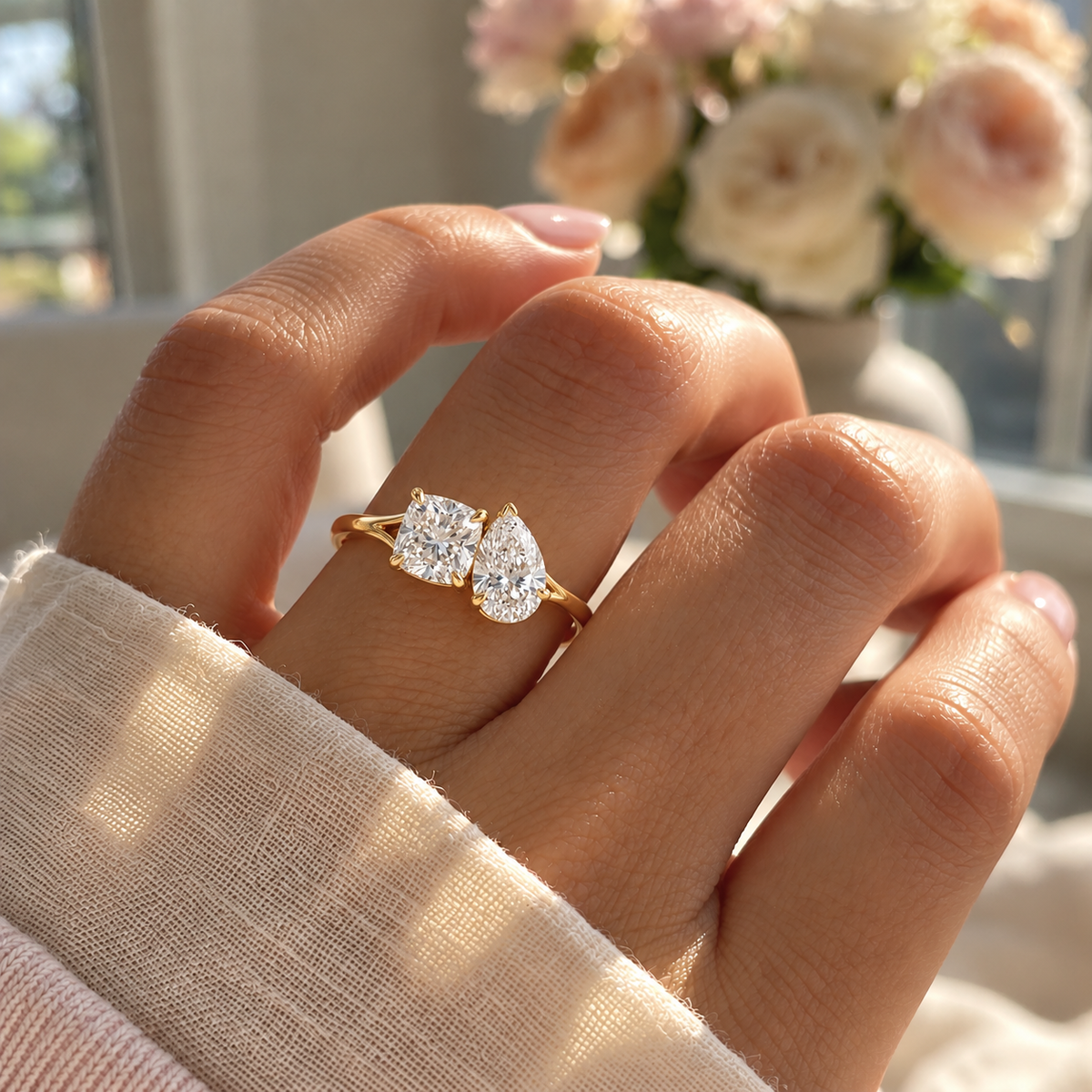 Toi et Moi Cushion and Pear Cut Diamond Engagement Ring in 14K Yellow Gold