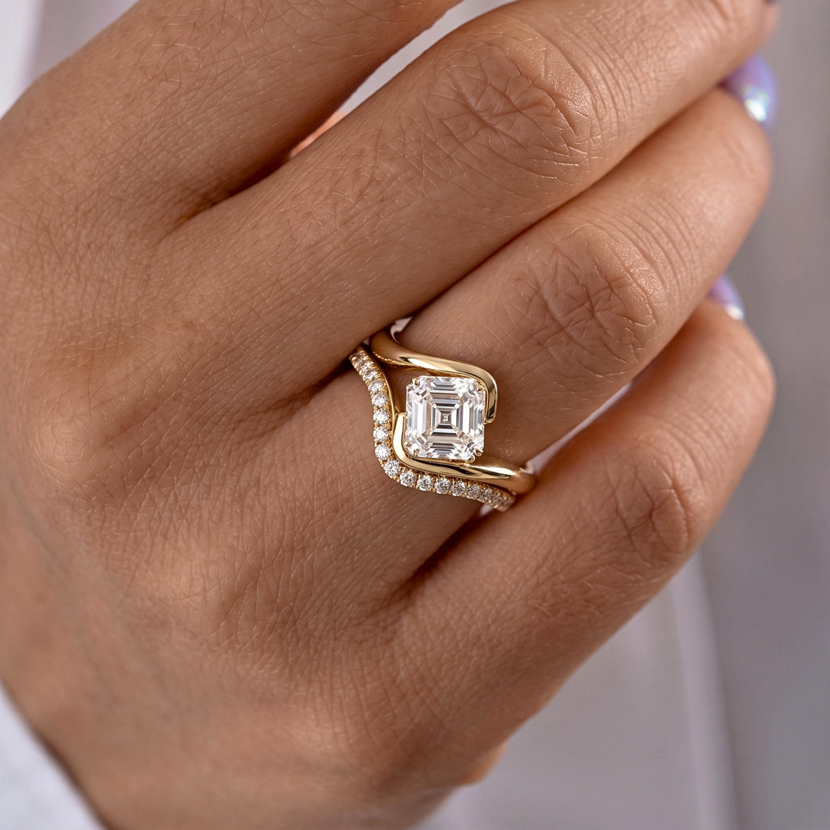 Lab Grown Diamond Asscher Square Step Cut Curved Bypass Bezel Engagement Ring with Curved Pavé Band Set IGI Certified in 14K Yellow Gold