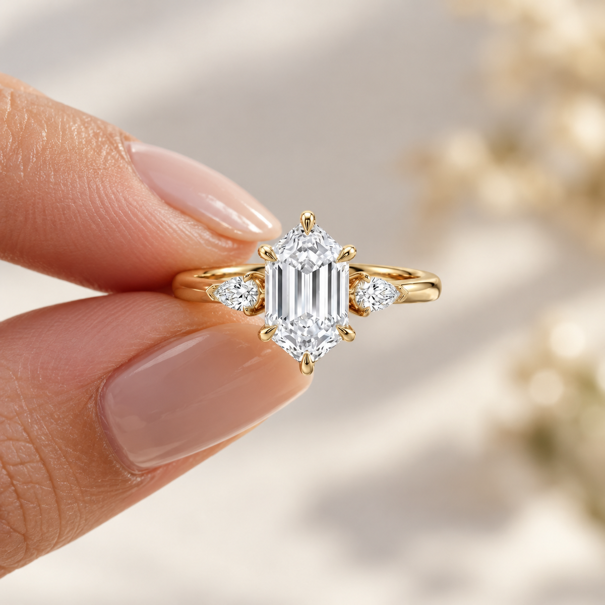 Lab Grown Diamond Elongated Hexagon Cut Three-Stone Pear Side Accent Engagement Ring IGI Certified in 14K Yellow Gold