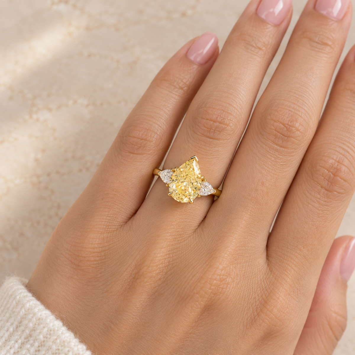 Pear Cut Fancy Yellow Diamond Three Stone Engagement Ring in 14K Yellow Gold
