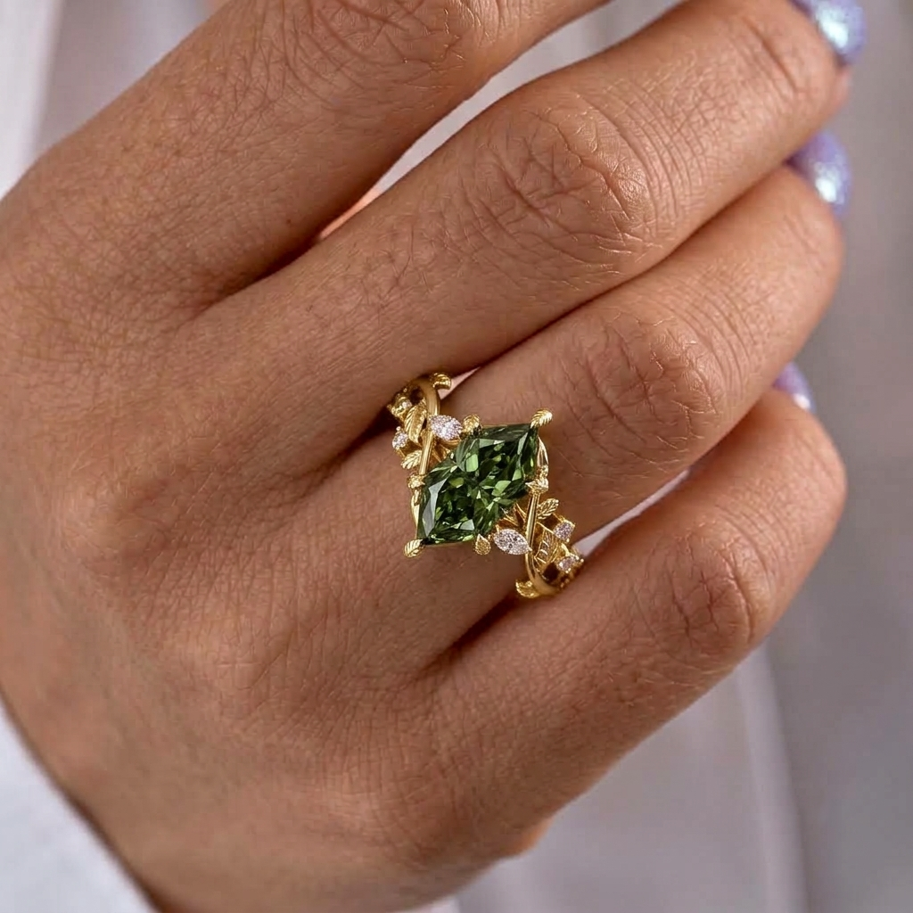 Lab Grown Diamond Green Dutch Marquise Cut with Marquise & Round Diamond Side Accents in Nature-Inspired Band Engagement Ring IGI Certified in 14K Rose Gold