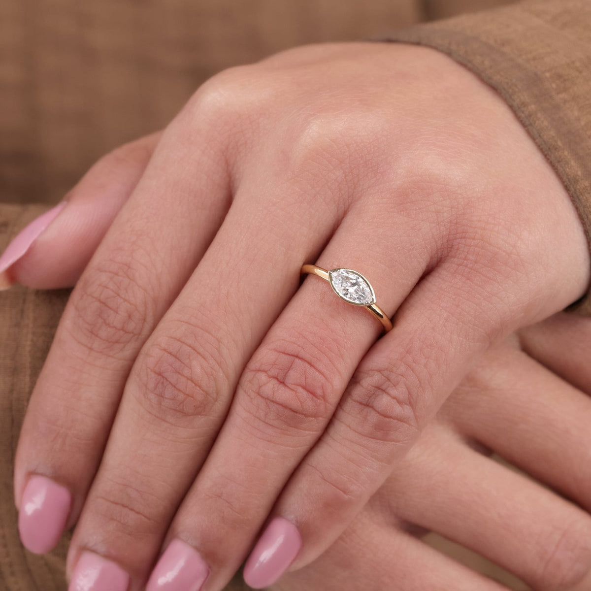 Lab Grown Diamond Marquise Cut East-West Full Bezel Solitaire Engagement Ring IGI Certified in 14K Yellow Gold
