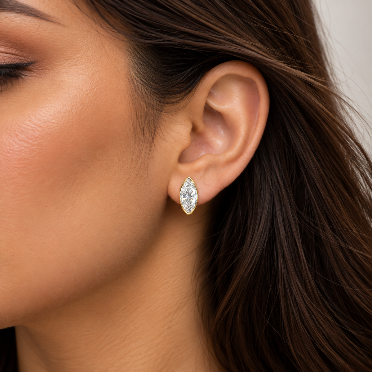 Lab Grown Diamond Moval Cut Modified Brilliant Cut Bezel Stud Earrings IGI Certified in 14K Yellow Gold