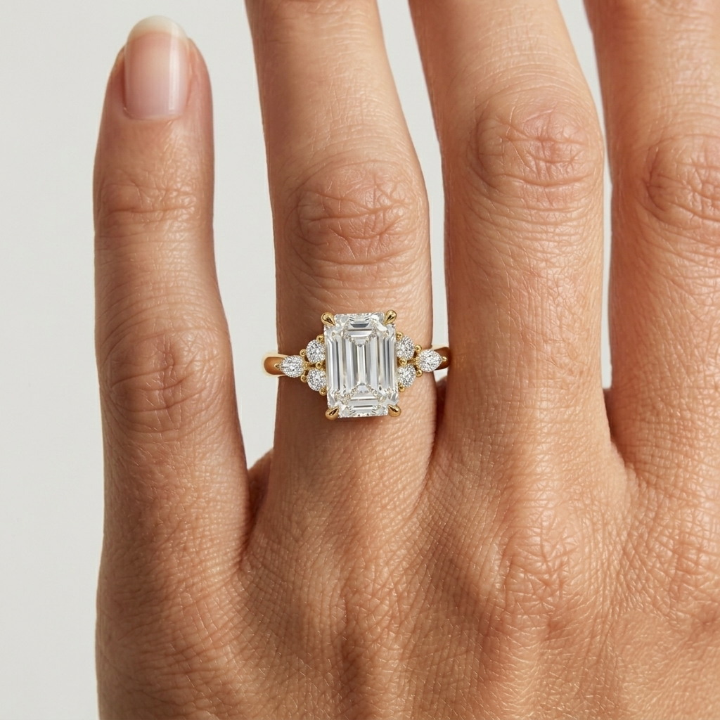 Lab Grown Diamond Emerald Cut Engagement Ring with Marquise & Round Side Stones IGI Certified in 14K Yellow Gold