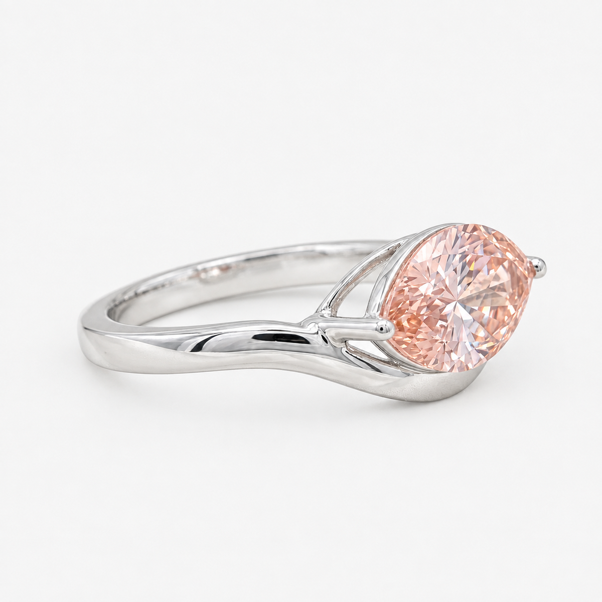 Lab Grown Diamond Fancy Pinkish Peach Marquise Cut East-West V-Contour Half Bezel Solitaire Engagement Ring IGI Certified in 14K Yellow Gold