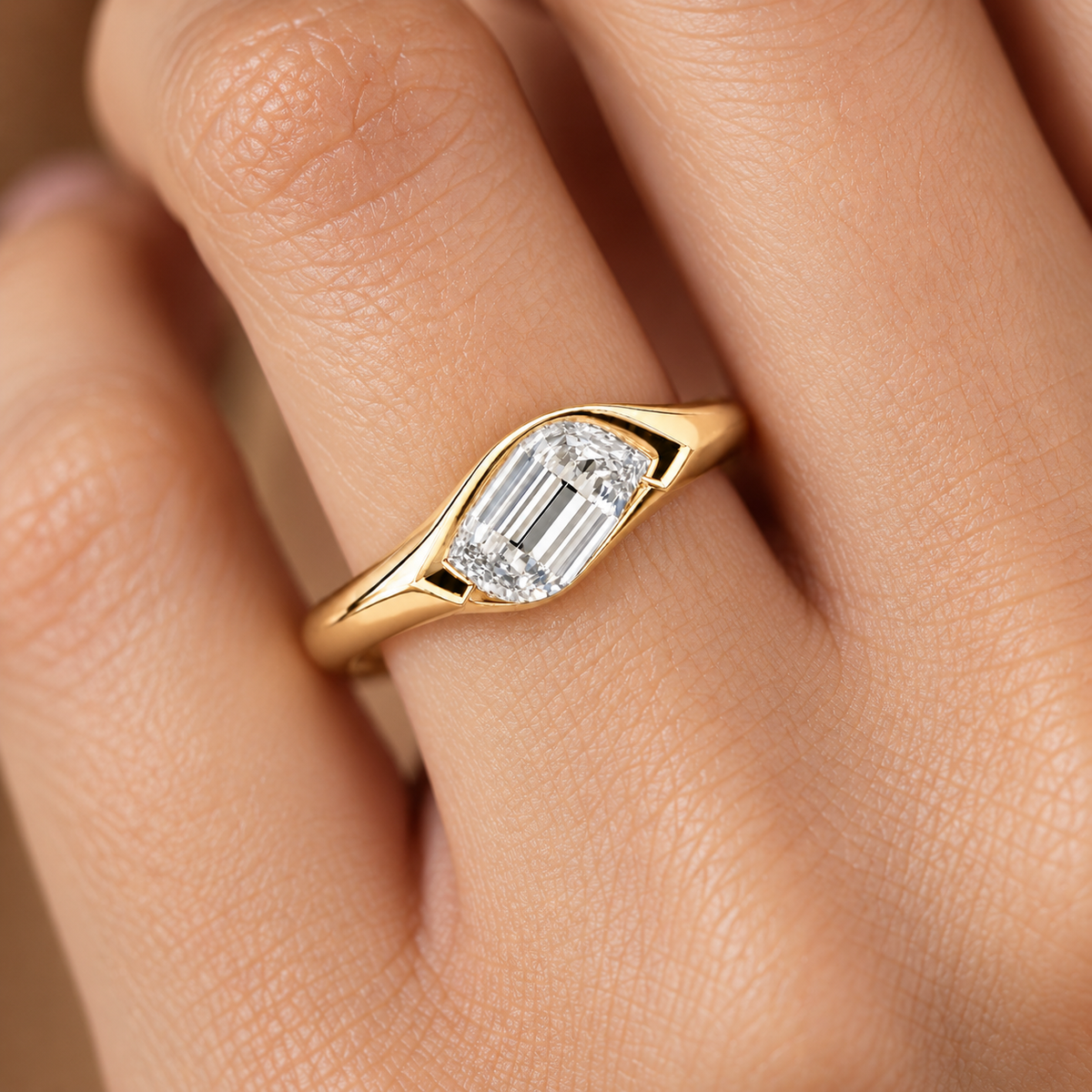 Lab   Grown Diamond Flame Cut Bypass Bezel Engagement Ring IGI Certified in 14K   Yellow Gold