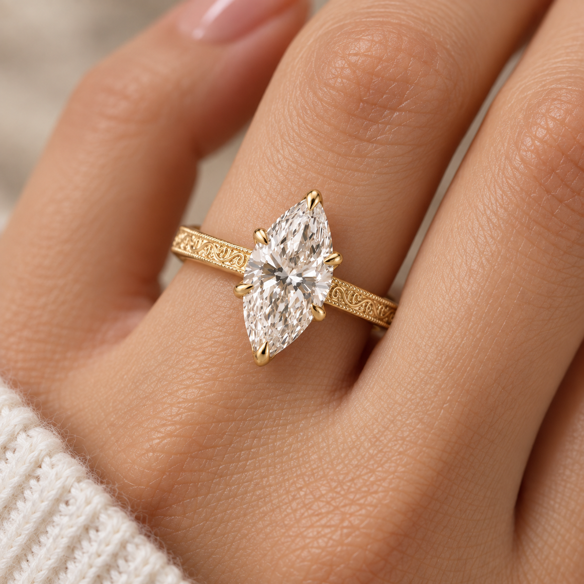Marquise Cut Lab Grown Diamond Vintage Filigree Engagement Ring in 14K Yellow Gold