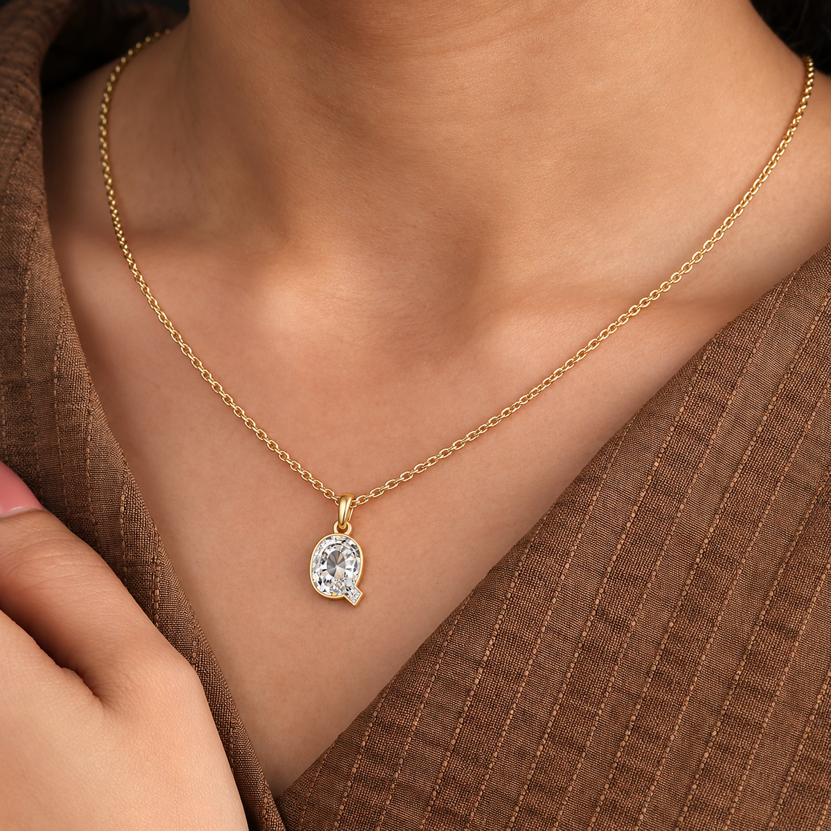 Lab Grown Diamond Alphabet Q Cut Initial Pendant Necklace IGI Certified in 14K Yellow Gold