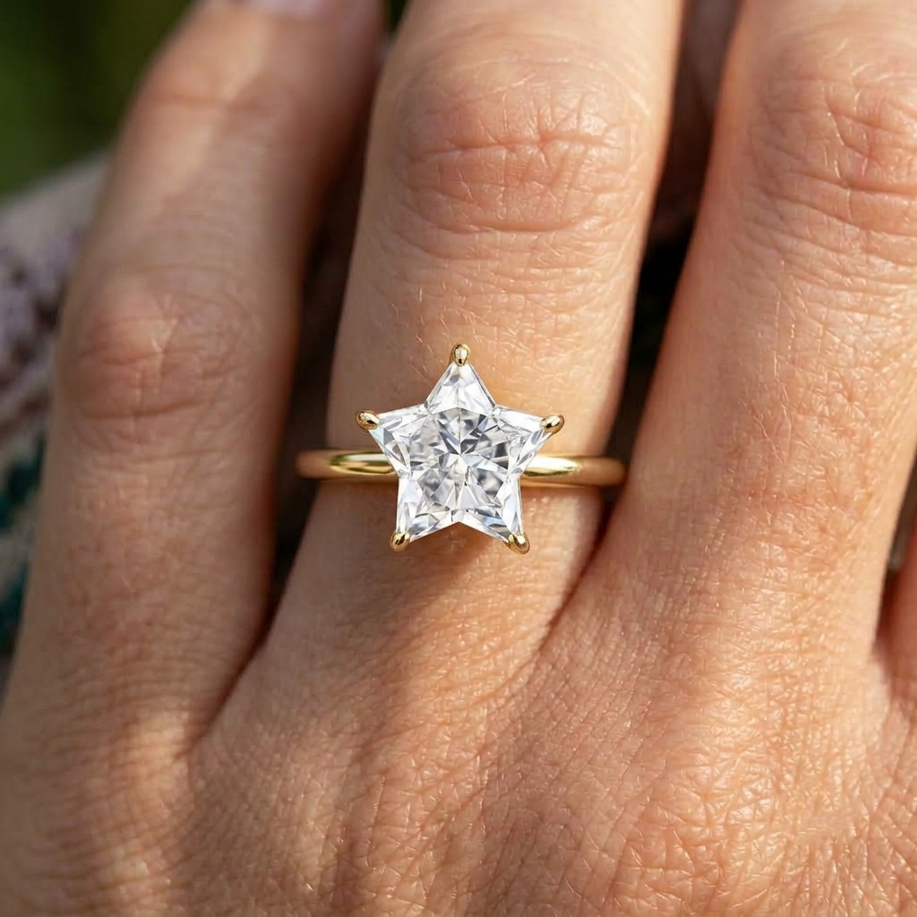 Lab Grown Diamond Star Cut Solitaire Engagement Ring IGI Certified in 14K Yellow Gold