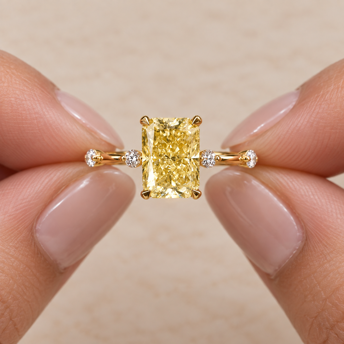 Lab Grown Fancy Yellow Radiant Cut Diamond Solitaire Engagement Ring with Round Diamond Side Accents in 14K Yellow Gold