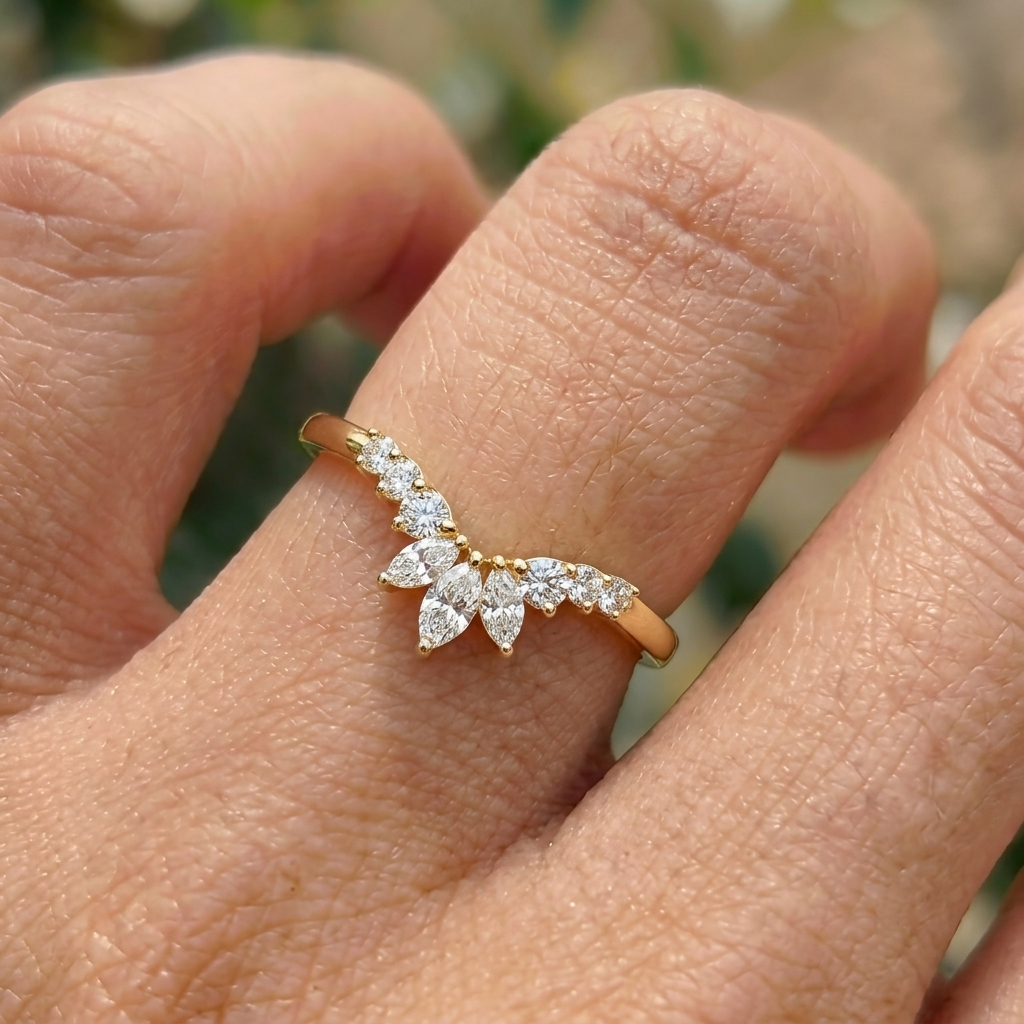 Lab Grown Diamond   Marquise Cut with Round Diamond Side Accents in Pavé Chevron V-Band   Engagement Ring IGI Certified in 14K Yellow Gold