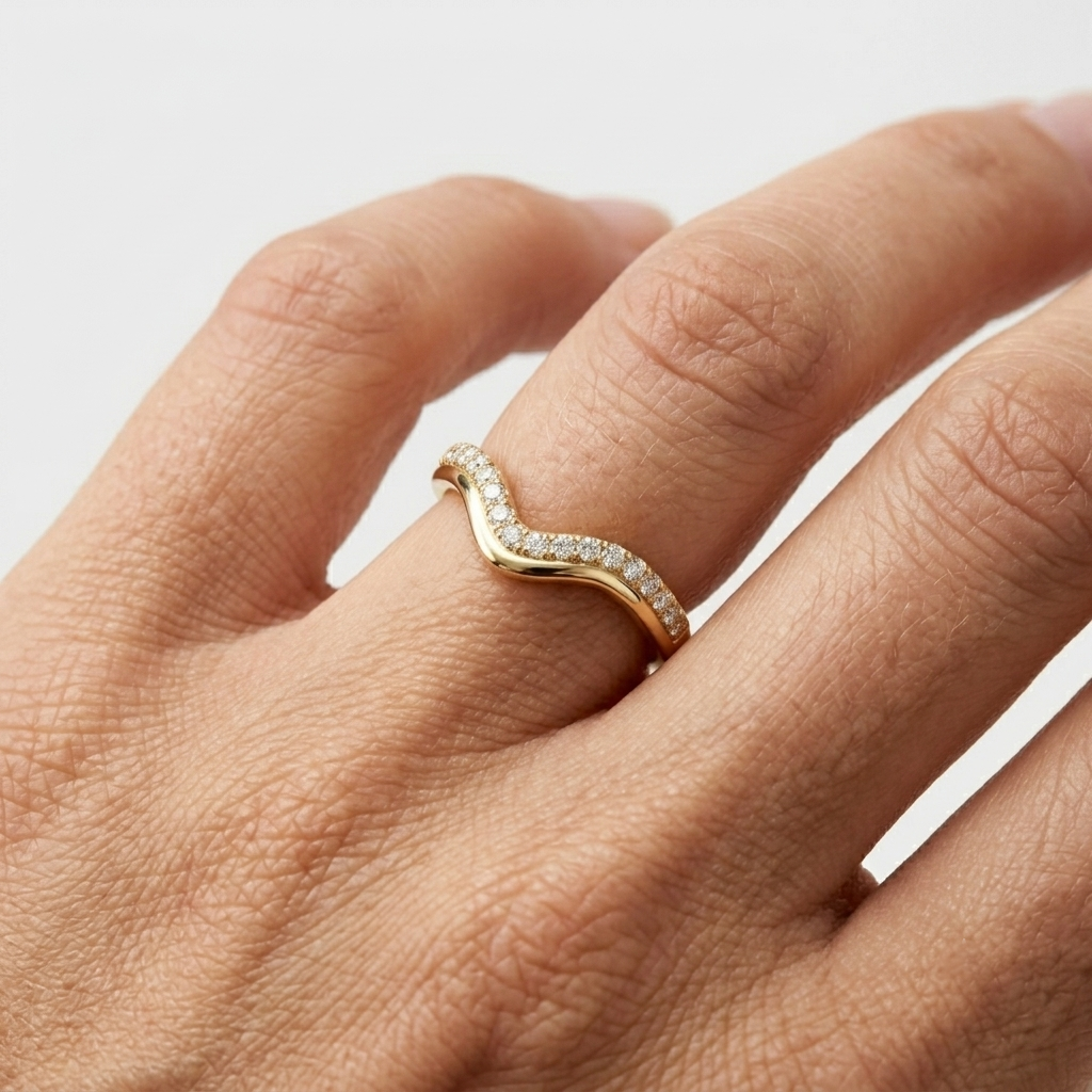 Lab Grown Diamond Round Brilliant Pave Chevron V Band Ring in 14K Yellow Gold