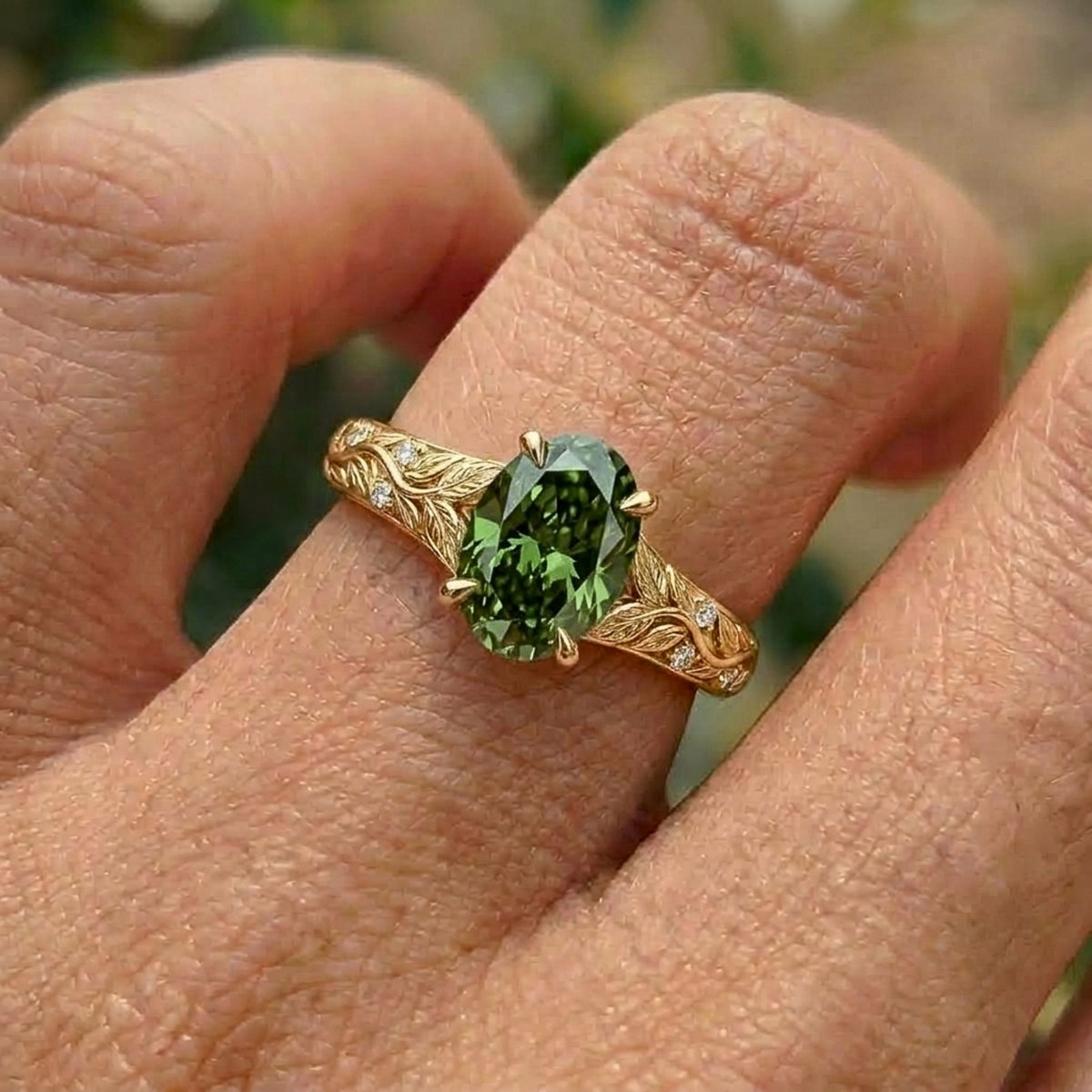 Lab Grown Diamond Oval Cut Green Diamond Nature-Inspired Leaf Engraved Vine Band Engagement Ring IGI Certified in 14K Yellow Gold