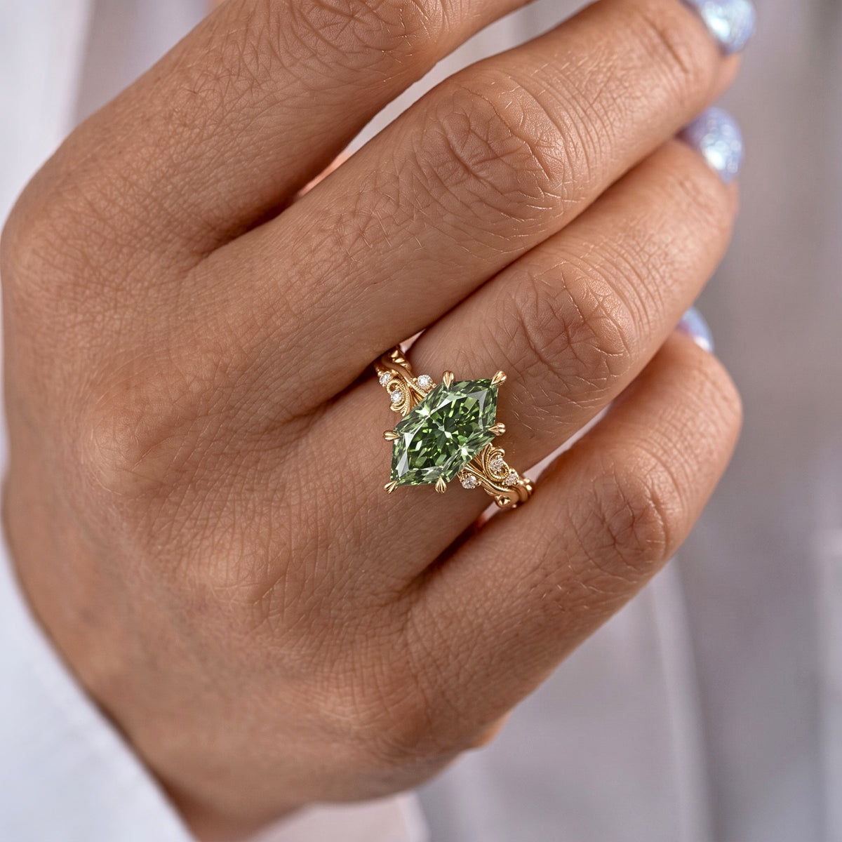 Lab Grown Diamond Green Dutch Marquise Cut with Round Diamond Side Accents in Nature-Inspired Vine Engraved Band Engagement Ring IGI Certified in 14K Yellow Gold