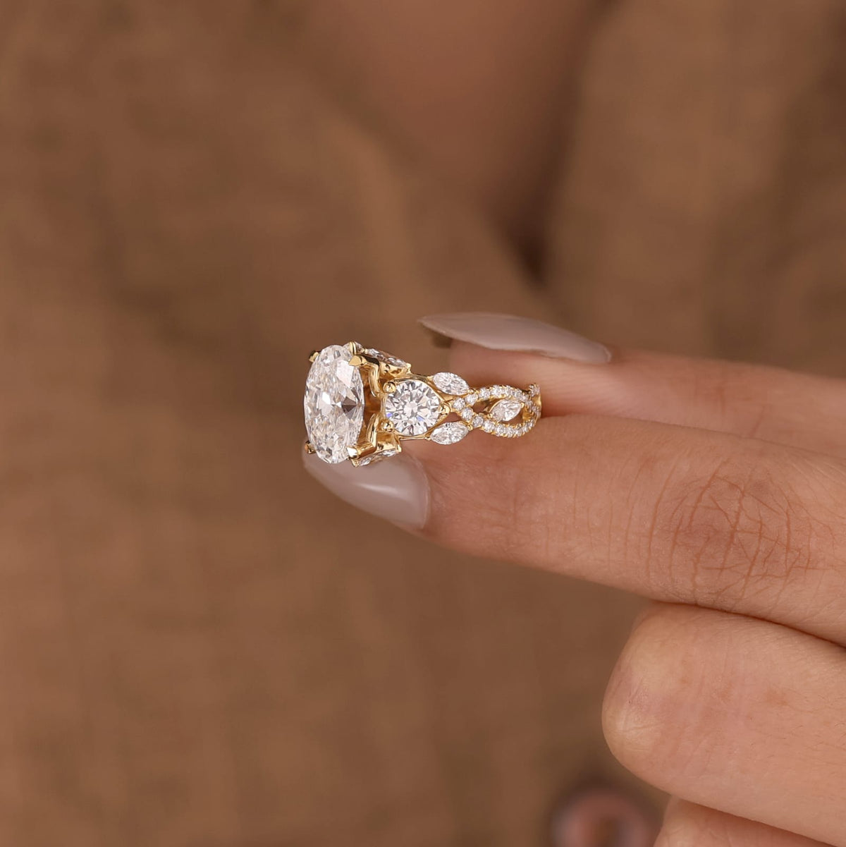 Lab Grown Diamond Oval Brilliant Cut Round and Marquise Cluster Side Accent Engagement Ring IGI Certified in 14K Yellow Gold