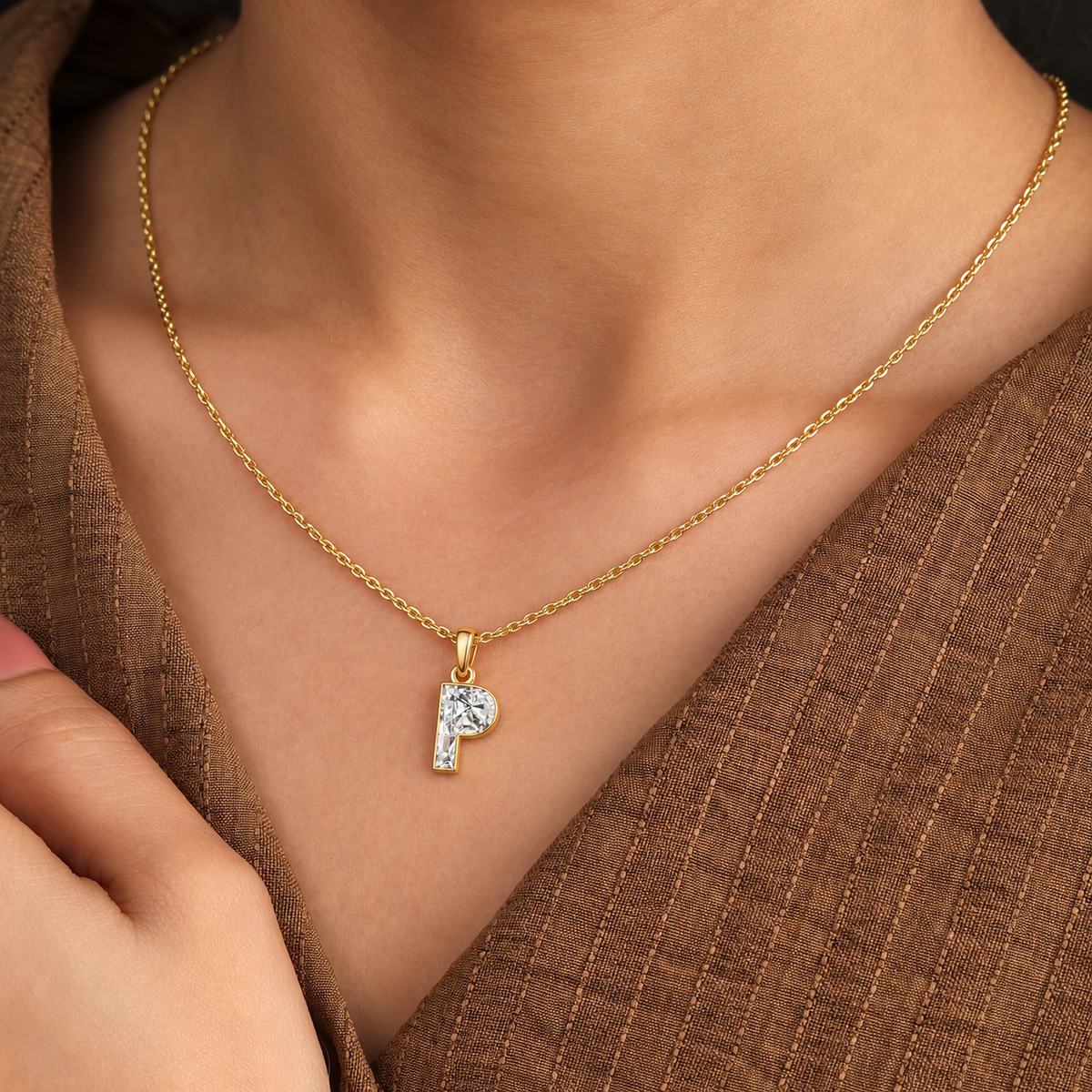 Lab Grown Diamond Alphabet P Cut Initial Pendant Necklace IGI Certified in 14K Yellow Gold