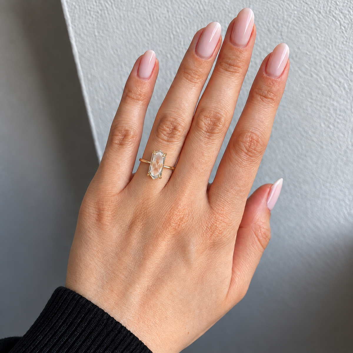 Lab Grown Diamond Elongated Hexagon Portrait Cut Lab Grown Diamond Solitaire Engagement Ring with Four Prong Setting and Minimalist Thin Band in 14K Yellow Gold