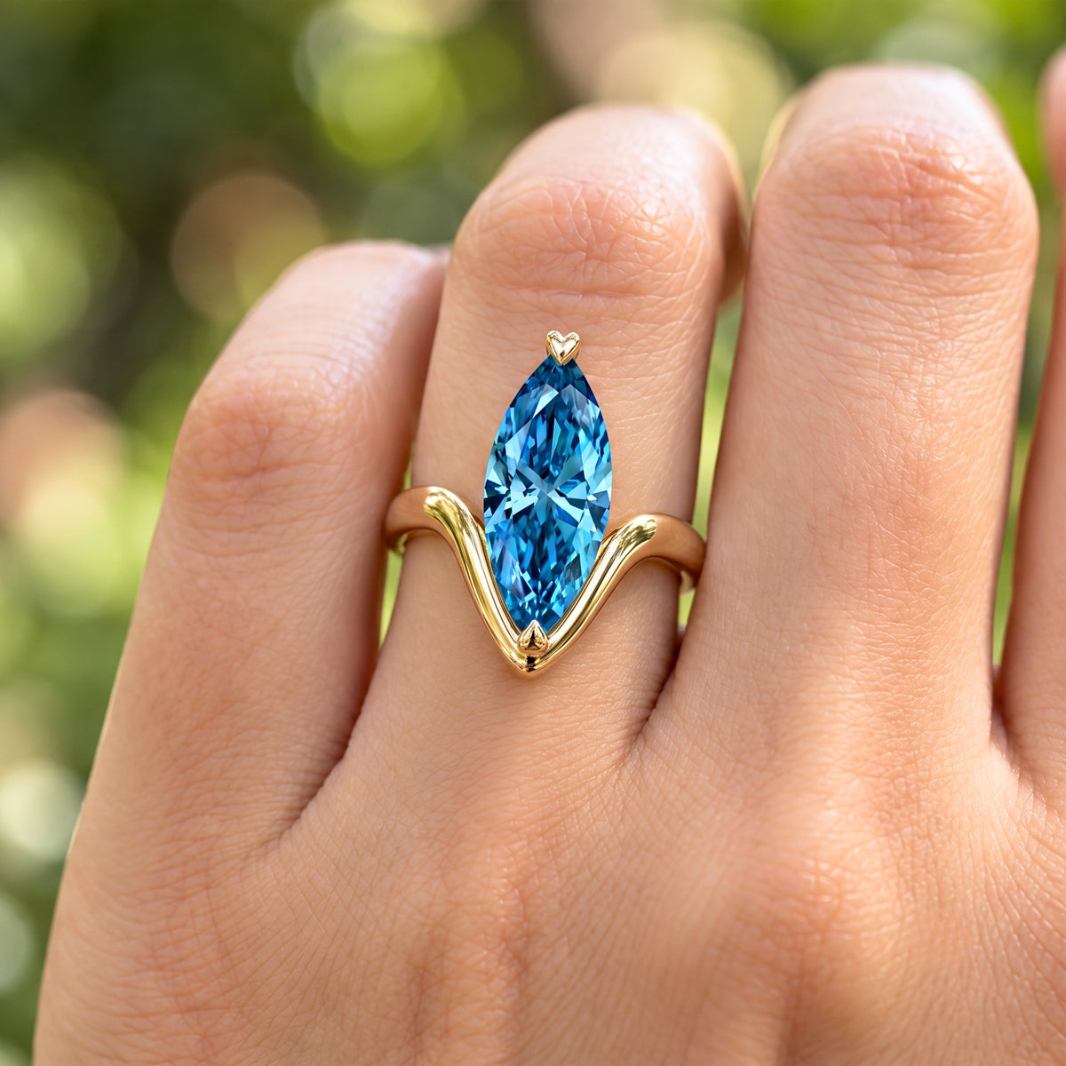 Lab Grown Diamond Fancy Blue Marquise Cut Curved Chevron Pavé Band Engagement Ring IGI Certified in 14K Yellow Gold
