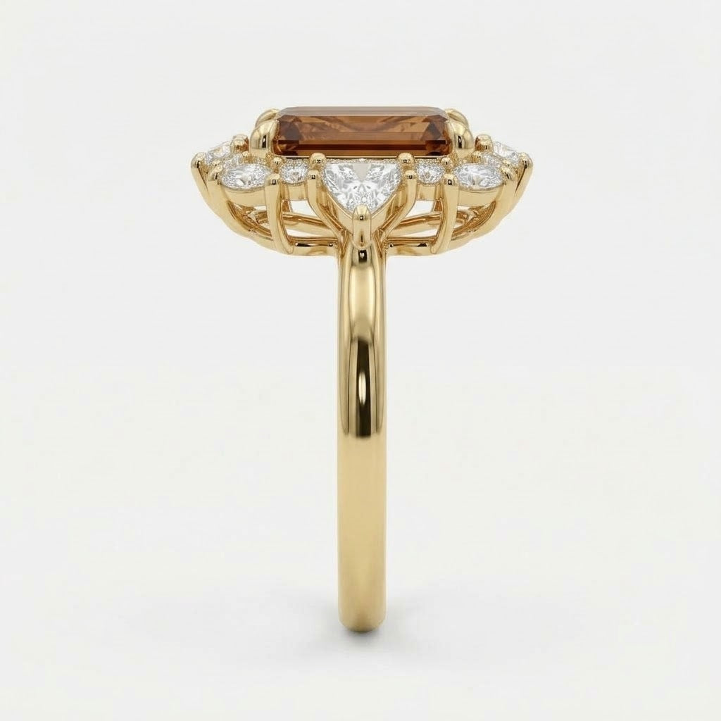 Lab Grown Diamond Fancy Cognac Champagne Emerald Cut Vintage Floral Cluster Halo Engagement Ring IGI Certified in 14K Yellow Gold