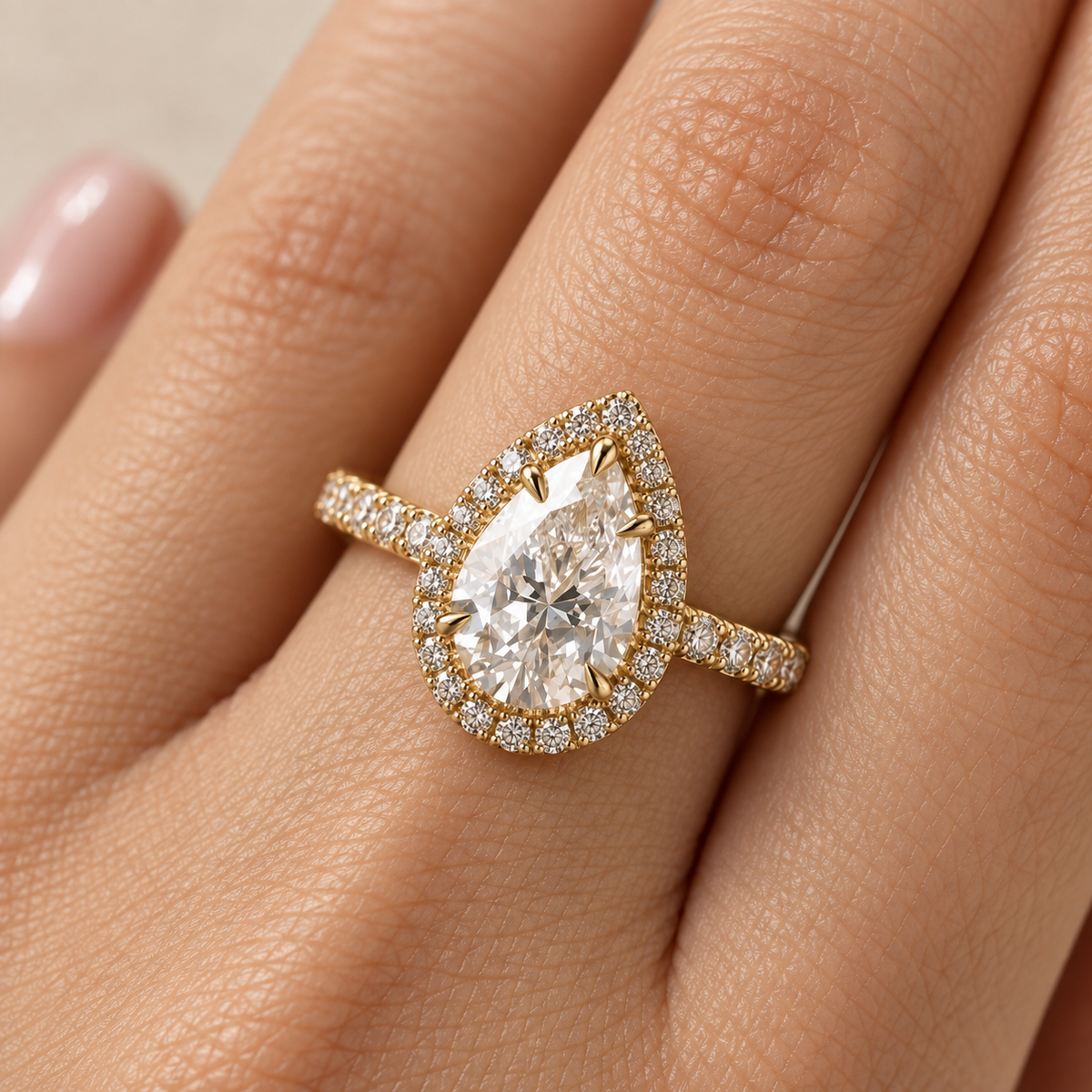 Lab Grown Diamond Pear Cut Halo Engagement Ring with Pavé Diamond Band in 14K Yellow Gold