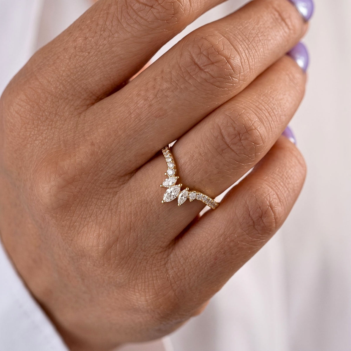 Lab Grown Diamond   Marquise and Pear Cut Chevron Wedding Band with Pave Diamond Accents in 14K   Yellow Gold