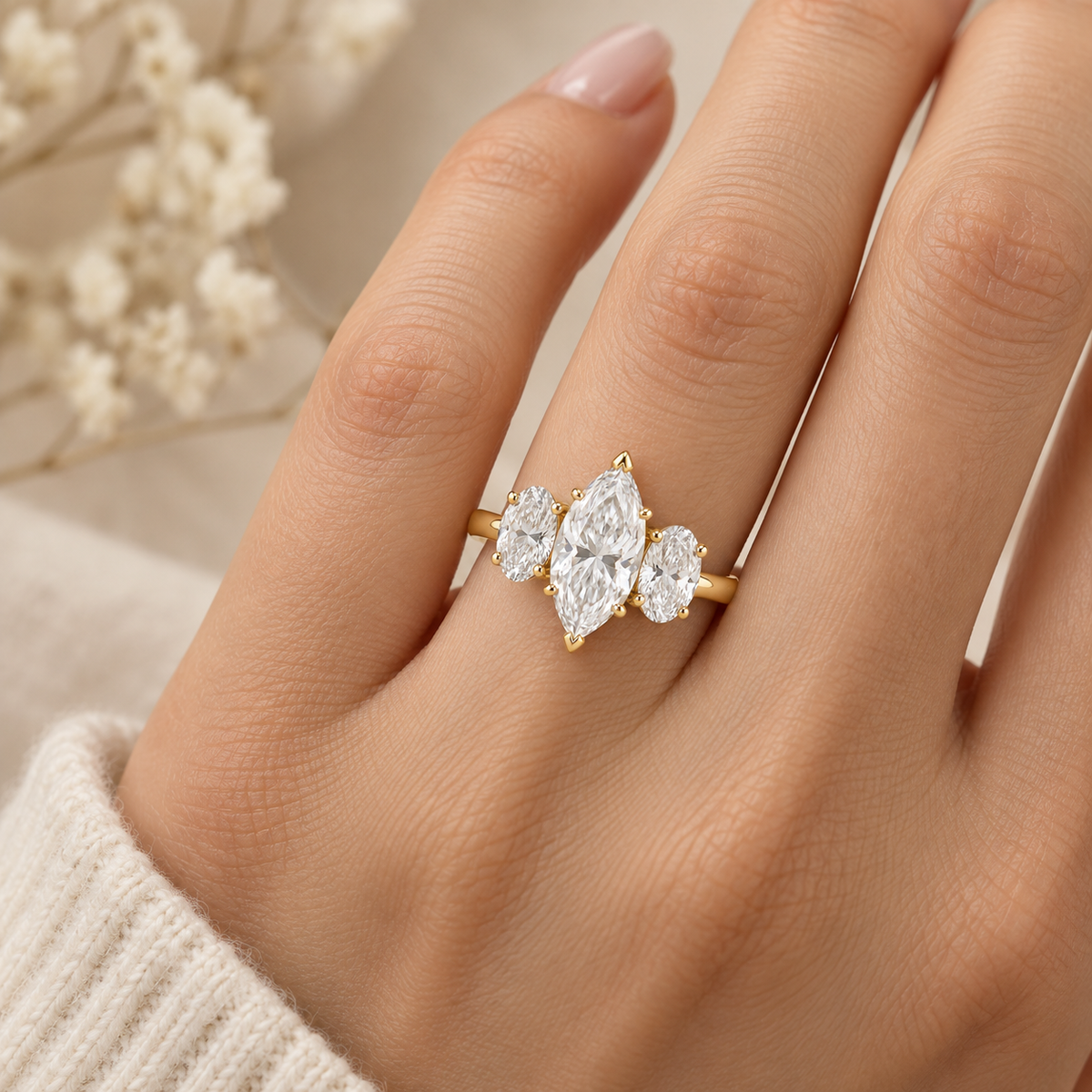 Lab Grown Diamond Marquise Cut Three Stone Engagement Ring with Oval Side Stones in 14K Yellow   Gold (Copy)