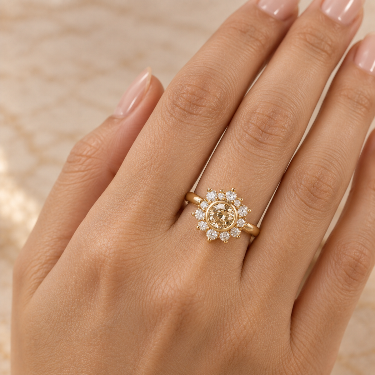 Round Cut Champagne Diamond Halo Engagement Ring with Diamond Cluster in 14K Yellow   Gold