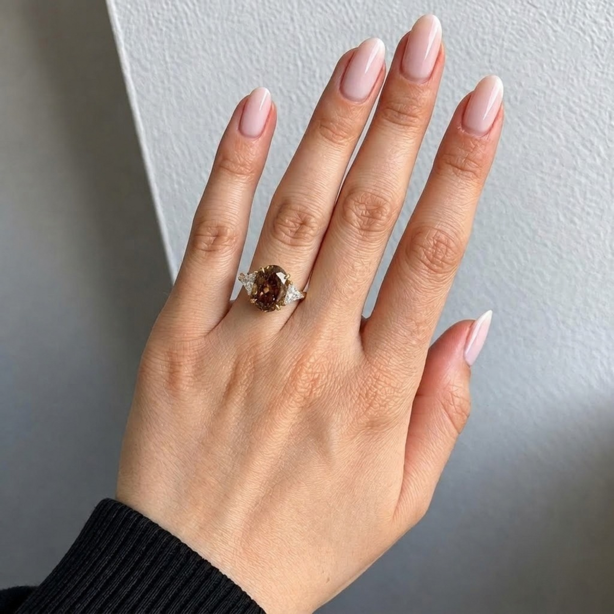 Lab Grown Diamond Fancy Champagne Oval Brilliant Cut Three-Stone Trillion Side Accent Engagement Ring IGI Certified in 14K Yellow Gold