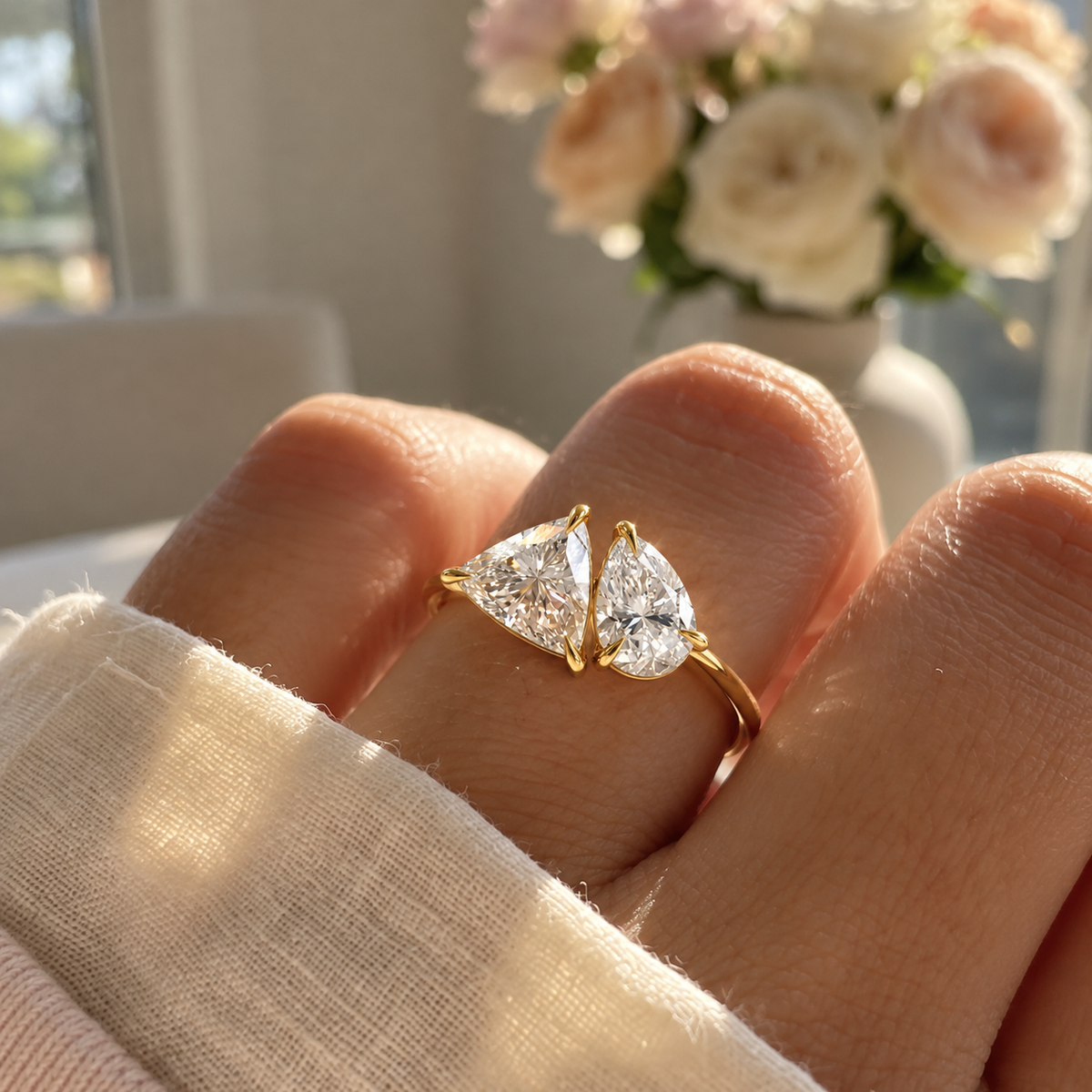 Toi et Moi Trillion and Pear Cut Diamond Engagement Ring in 14K Yellow Gold