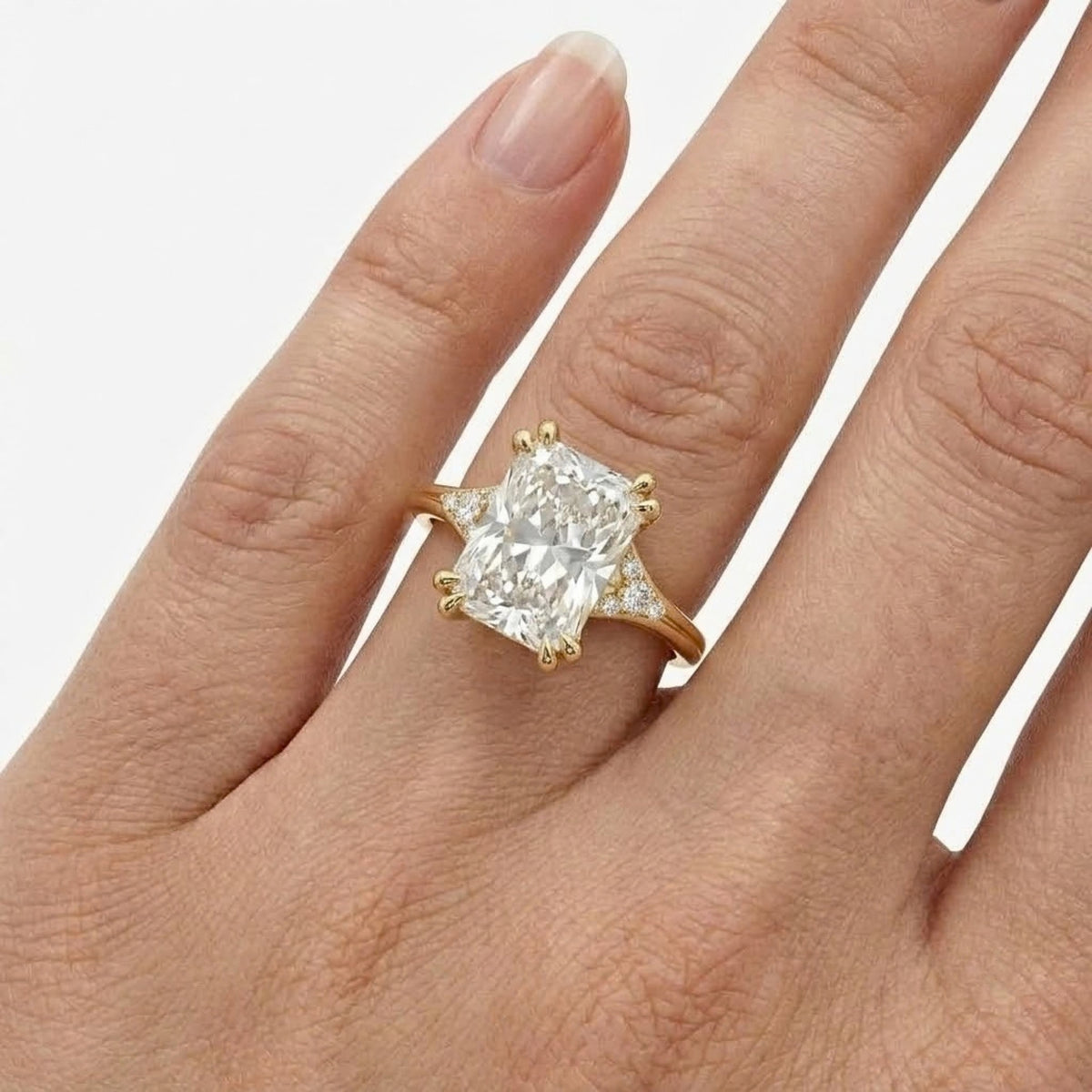 Lab Grown Diamond Radiant Cut Engagement Ring with Round Diamond Side Accents IGI Certified in 14K Yellow Gold