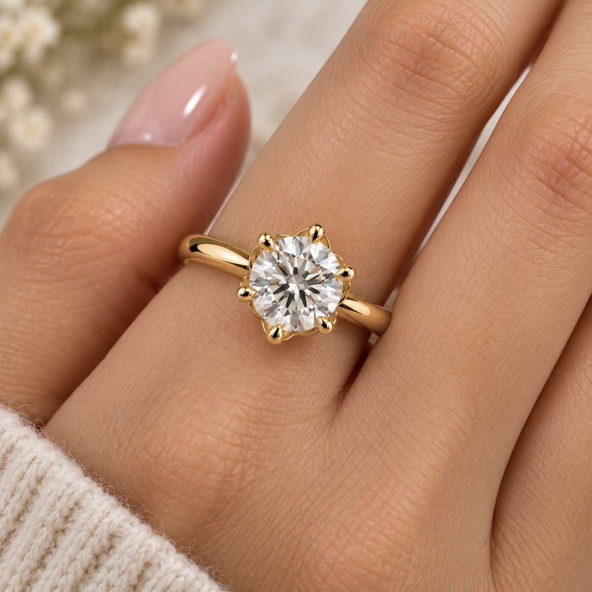 Lab Grown Diamond   Round Brilliant Cut Floral Halo Solitaire Engagement Ring in 14K Yellow Gold