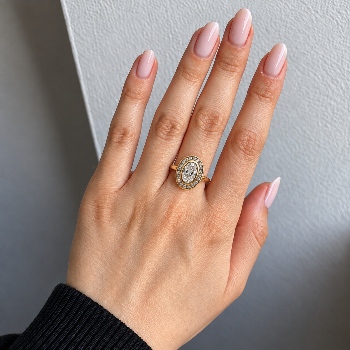 Oval Cut Bezel Halo Lab Grown Diamond Engagement Ring in 14K Yellow Gold