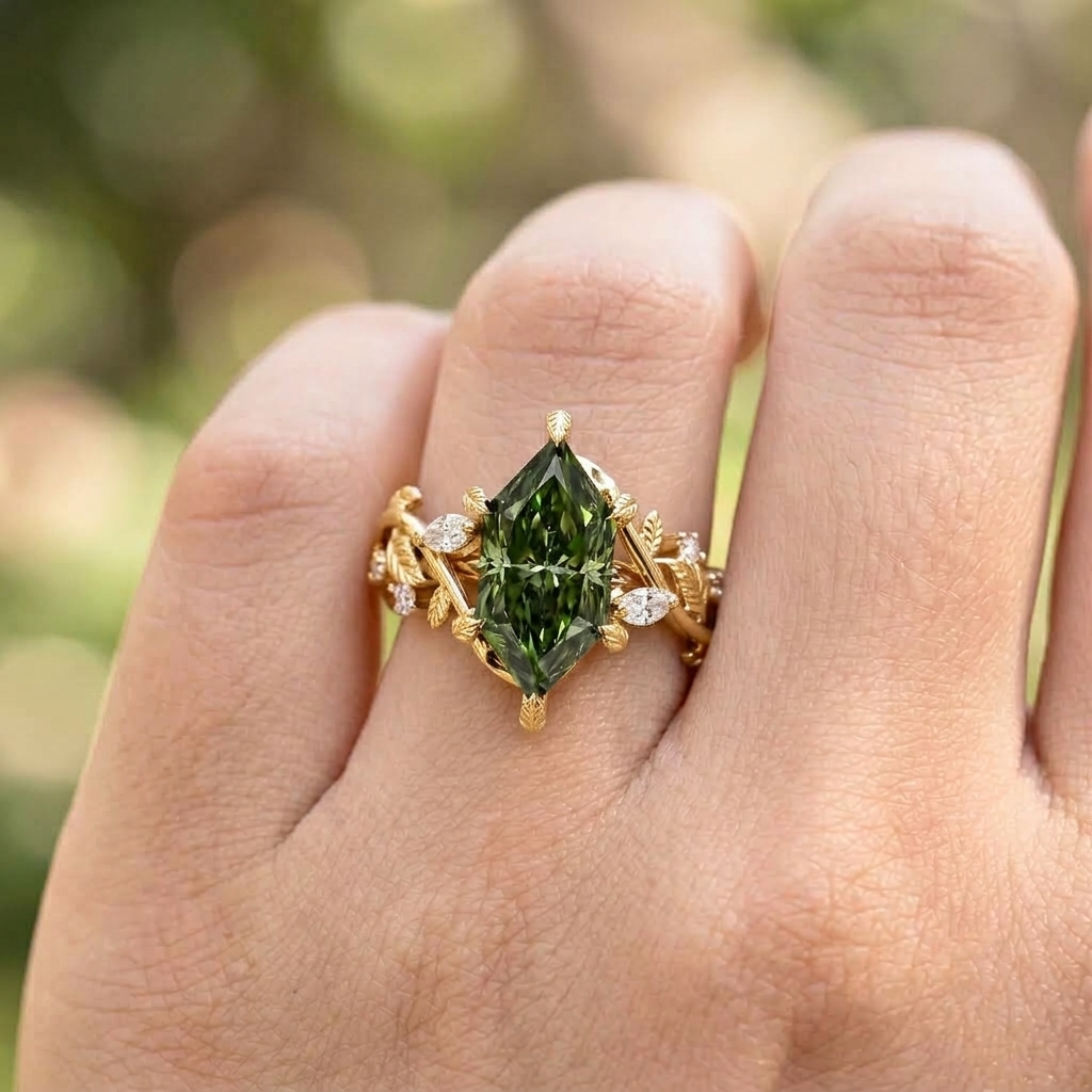 Lab Grown Diamond Green Dutch Marquise Cut with Marquise & Round Diamond Side Accents in Nature-Inspired Band Engagement Ring IGI Certified in 14K Rose Gold