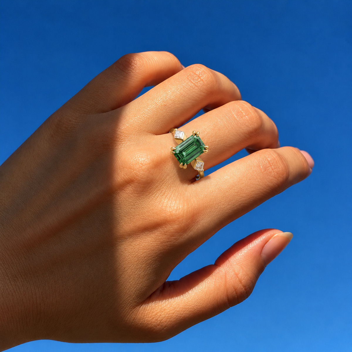 Lab Grown Green Emerald Cut Three Stone Engagement Ring with Trillion Diamond Side Accents in 14K Yellow Gold