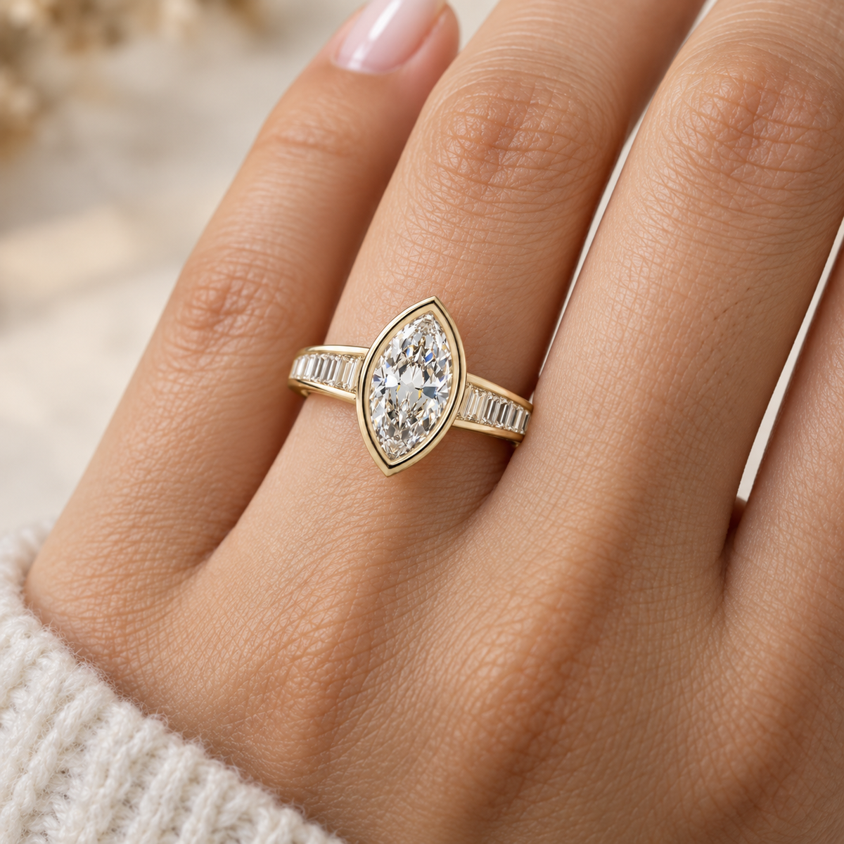 Lab Grown Diamond Marquise Cut Bezel Set Engagement Ring with Baguette Diamond Half Eternity Band in 14K Yellow Gold