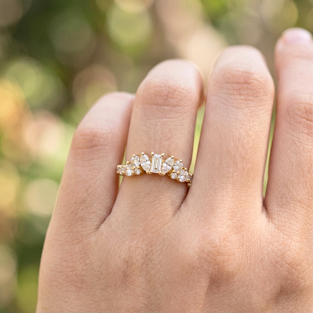 Lab Grown Diamond   Emerald Cut with Marquise and Round Diamond Accents Floral Cluster Wedding   Band in 14K Yellow Gold