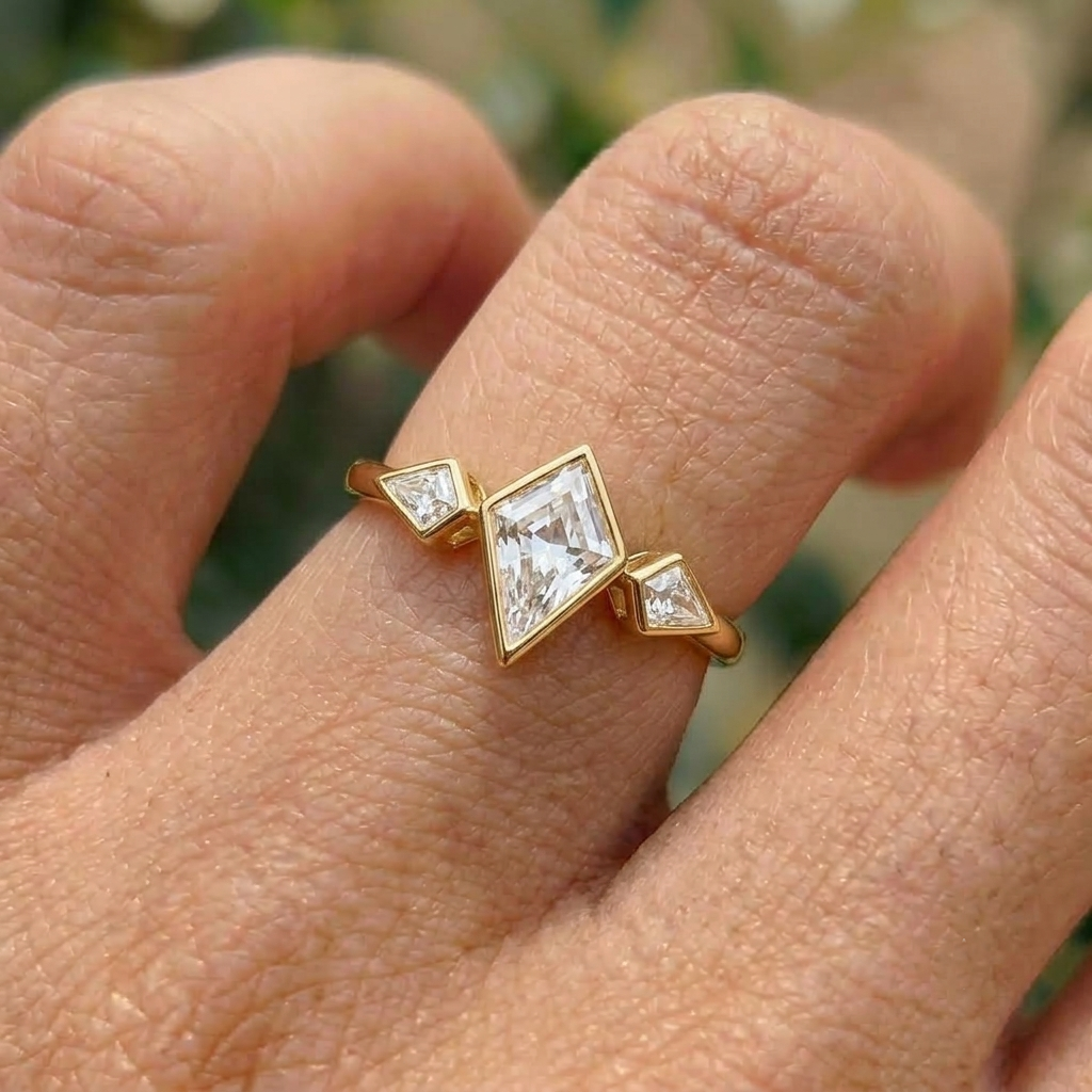 Lab Grown Diamond Kite Cut Bezel Three-Stone Ring with Kite Side Accents Engagement Ring IGI Certified in 14K Yellow Gold