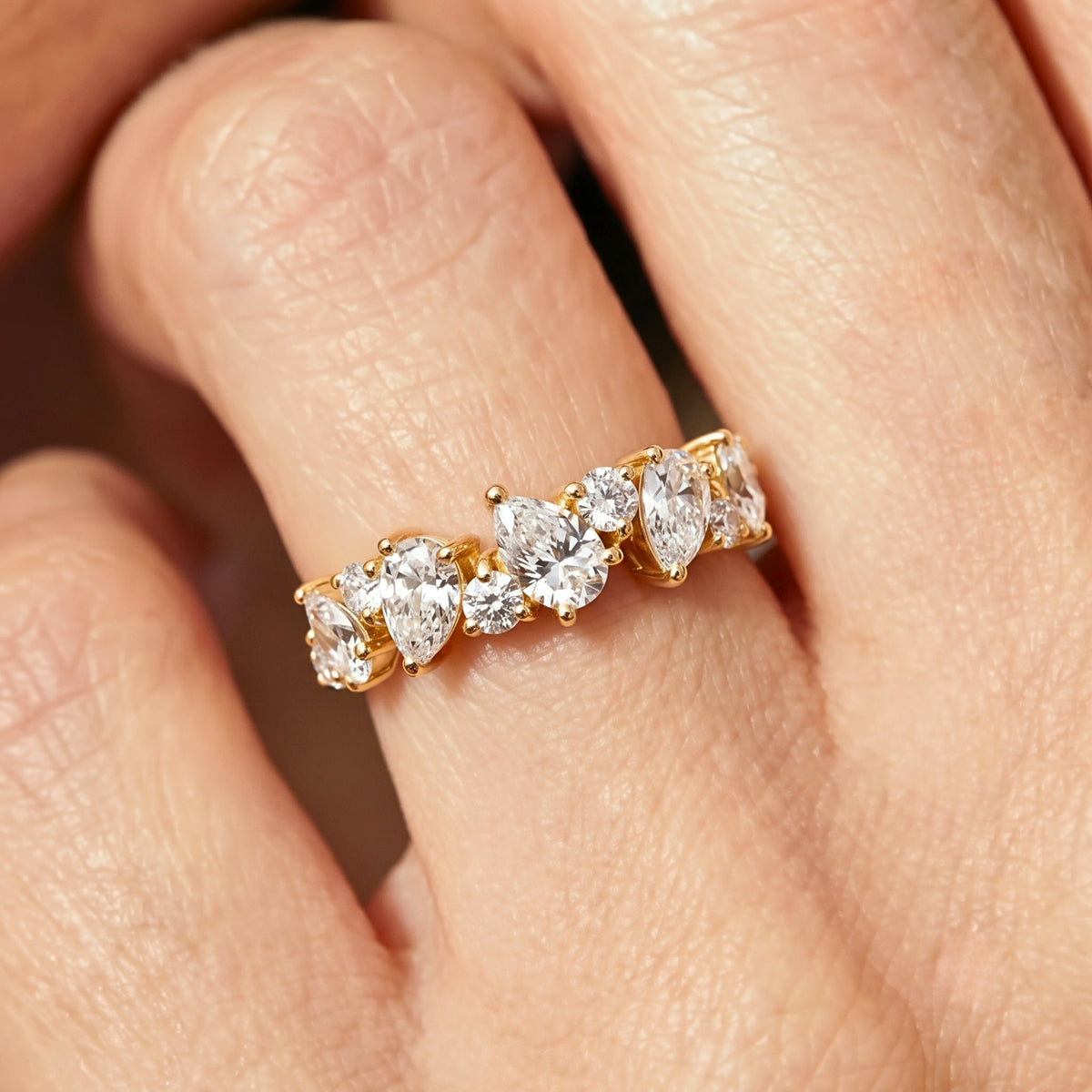 Lab Grown Diamond Pear & Round Cut Multi-Stone Cluster Engagement Band  IGI Certified in 14K Yellow Gold