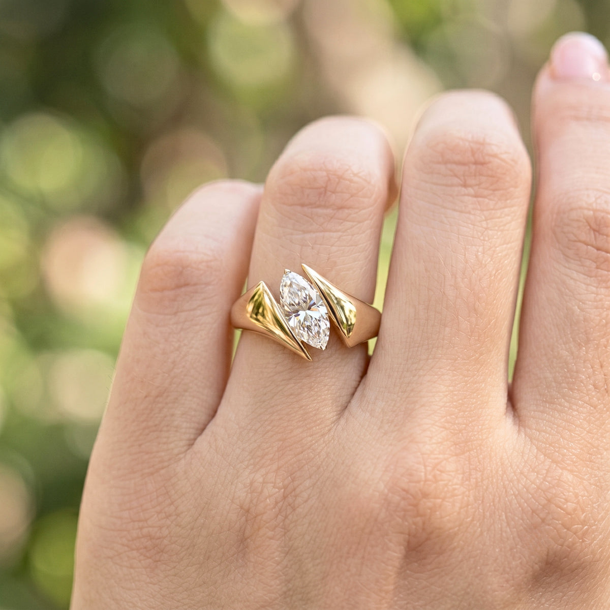 Lab Grown Diamond Marquise Cut Sculptural Winged Asymmetric Bypass Solitaire Engagement Ring IGI Certified in 14K Yellow Gold