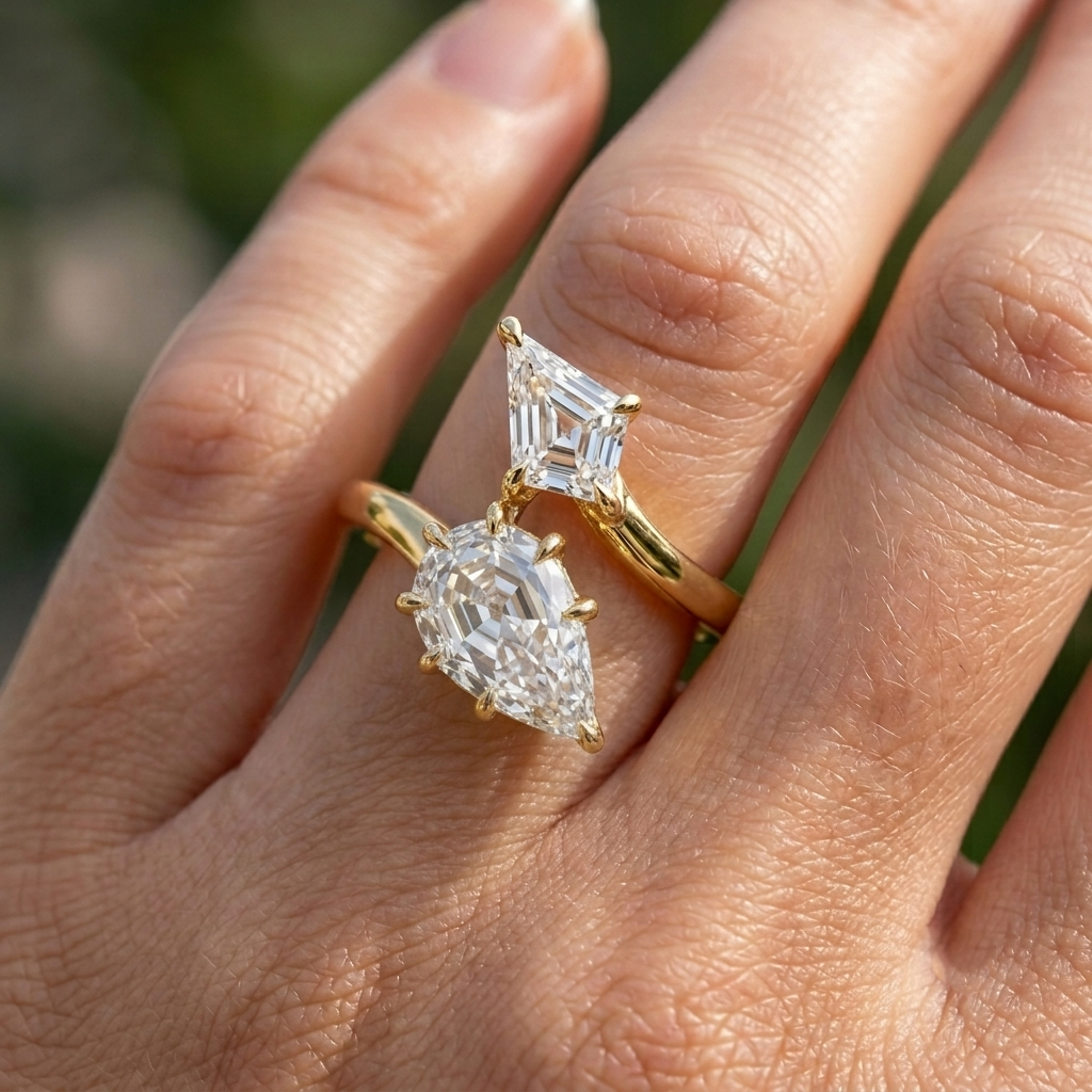 Lab Grown Diamond Step Cut Pear & Kite Cut Bypass Split Shank Engagement Ring IGI Certified in 14K Yellow Gold
