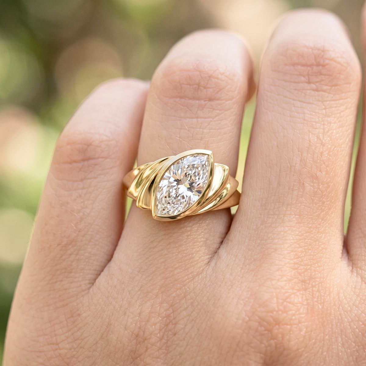 Lab Grown Diamond Marquise Brilliant Cut Fluted Tapered Bypass Bezel Engagement Ring IGI Certified in 14K Yellow Gold