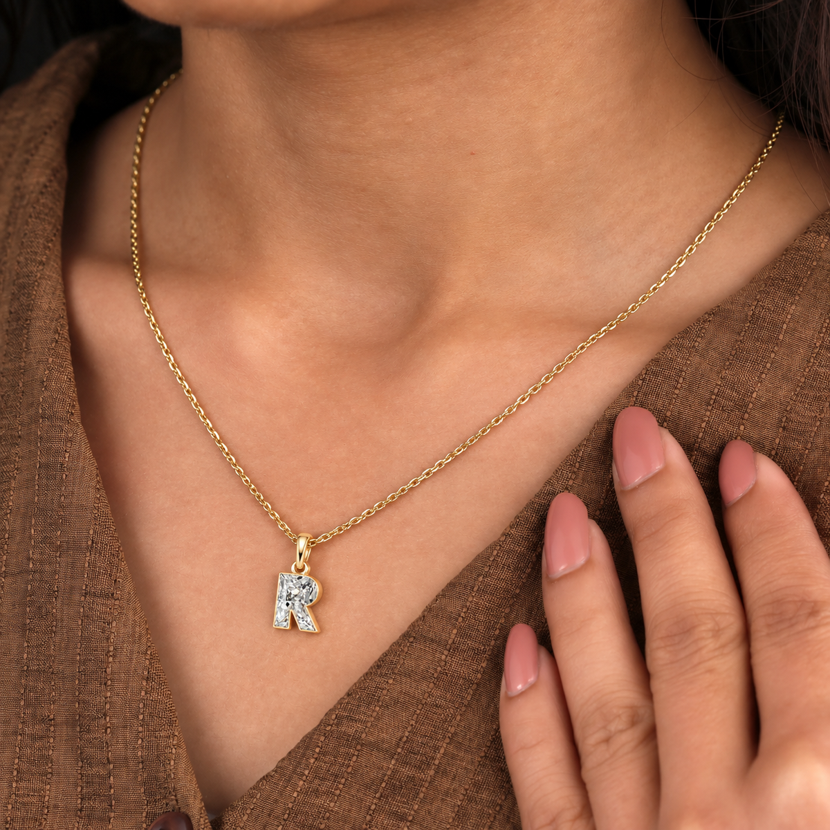 Lab Grown Diamond Alphabet R Cut Initial Pendant Necklace IGI Certified in 14K Yellow Gold