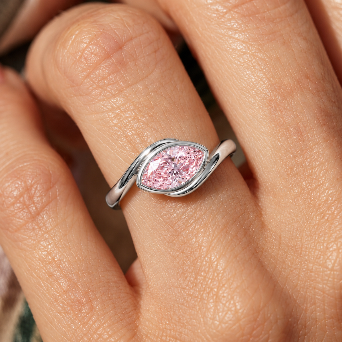 Lab Grown Diamond Fancy Pink Marquise Cut East-West Bypass Bezel Engagement Ring IGI Certified in 14K Yellow Gold